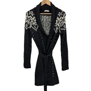 Neve Longline Belted Wool Cardigan Womens S Grey Soft Knit Snowflake Sweater EUC